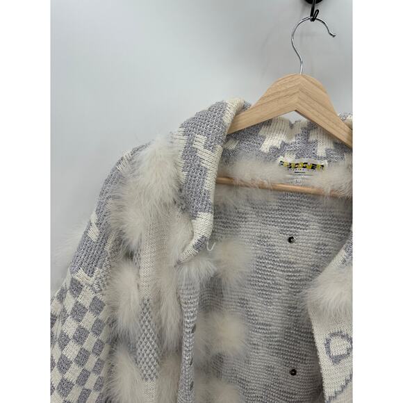 RANCOGJERRS Vintage Grey Knit Fuzzy Long Cardigan Jacket Women's Size L Funky - Picture 5 of 14